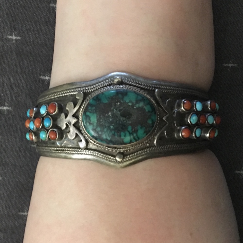 925 Natural Coral & Turquoise Cuff Bracelet